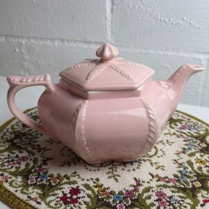 Vintage 40s Hall China Victorian Plume Rose Pink Hexagonal Teapot